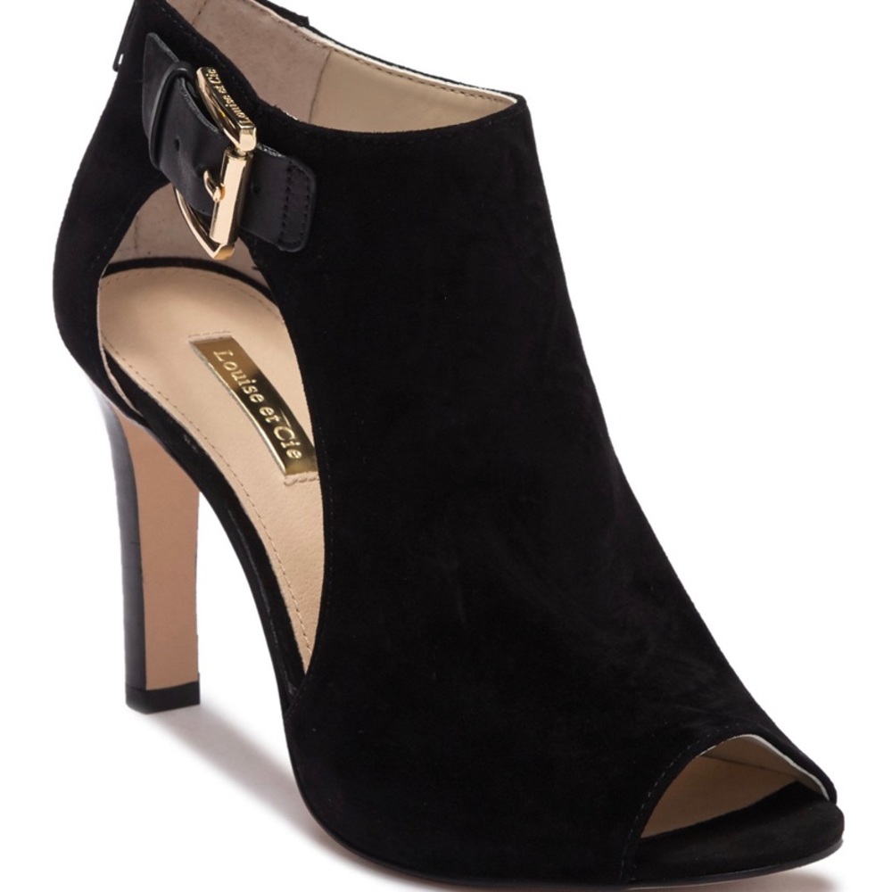 Black leather open toe ankle boot